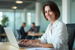 Agente municipale accédant à son espace personnel Intraparis sur un ordinateur portable dans un bureau administratif moderne