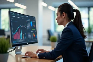 Analyste SEO féminine examinant des données de positionnement de mots-clés sur un écran d'ordinateur dans un bureau moderne