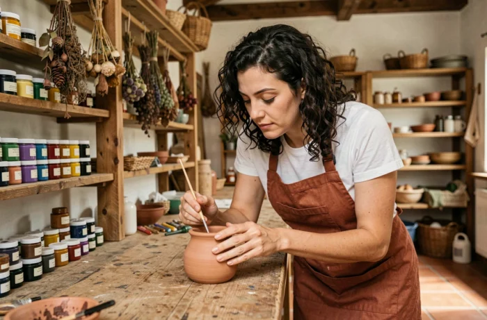 Femme créative peignant un pot en céramique dans un atelier artisanal chaleureux, idée originale pour occuper son temps libre