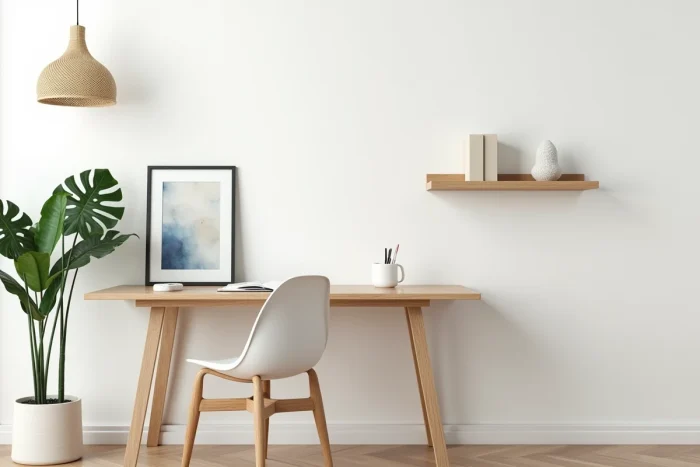 Coin bureau scandinave avec bureau en chêne blanc, plante monstera et étagère décorative pour une décoration maison épurée achetée en ligne