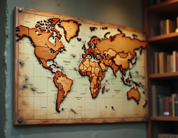 Carte du monde en bois avec épingle rouge marquant la position du Sri Lanka dans l'océan Indien