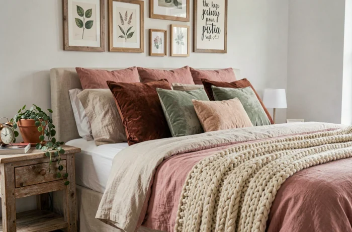 Chambre bohème moderne avec literie en lin rose poudré, jeté en laine chunky et mur de cadres botaniques pour une décoration intérieure originale