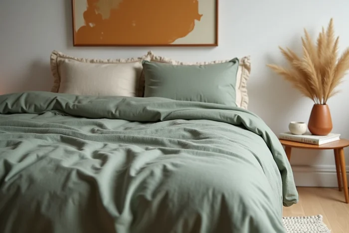 Chambre décorée avec une housse de couette en lin vert sauge, vase en terracotta et tableau abstrait pour une inspiration décoration maison achetée en ligne