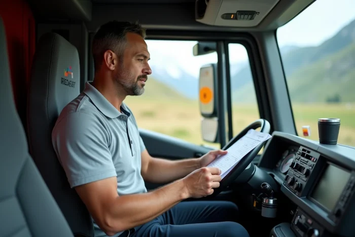 Chauffeur de poids lourd en cabine consultant un document de livraison en Suisse