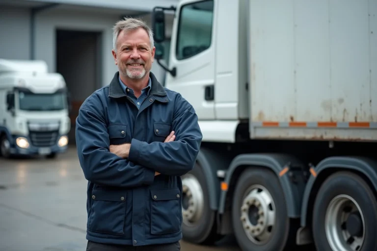 Chauffeur poids lourd en Suisse debout devant son camion dans une zone logistique