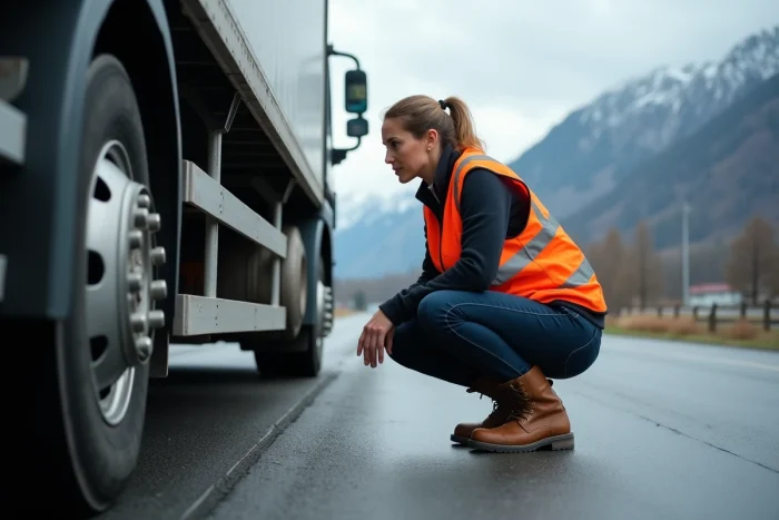 Chauffeuse de poids lourd effectuant une vérification de sécurité sur son camion en Suisse