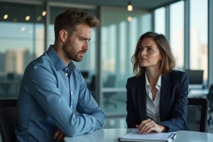 Deux collègues au bureau en tension avec un homme frustré