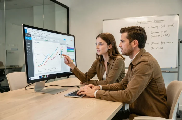 Deux professionnels collaborant sur une solution de gestion d'entreprise en ligne dans une salle de réunion moderne