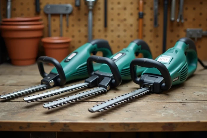 Comparaison de trois modèles de taille-haies électriques posés sur un établi en bois dans un atelier de jardin