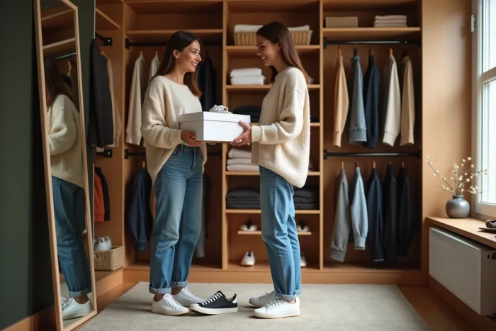 Deux femmes comparant des tailles de chaussures Zalando devant un miroir dans un dressing organisé