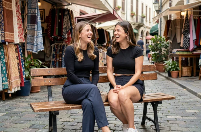 Deux femmes comparant un top classique et un crop top assis côte à côte dans un marché en plein air
