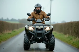 Conducteur équipé d'un casque homologué assis sur un quad T3B immatriculé sur une route rurale goudronnée