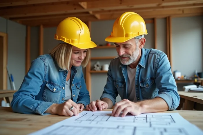 Couple avec casque examinant des plans de rénovation