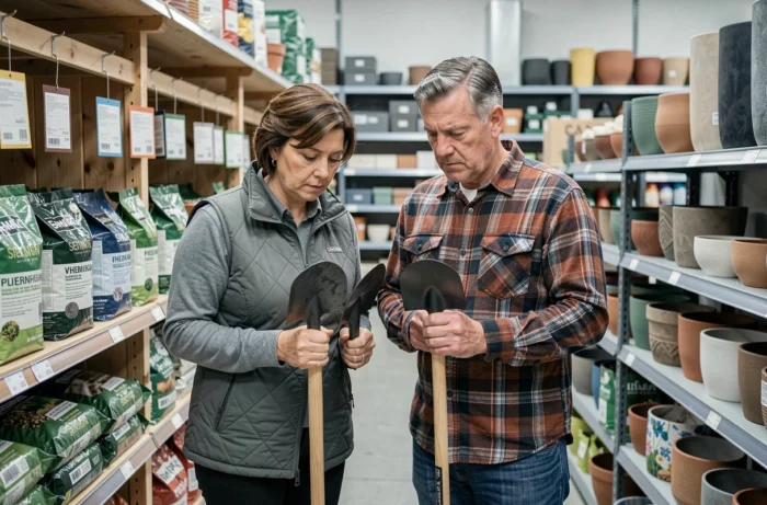 Couple comparant des bêches dans un magasin de jardinage spécialisé avec rayons d'équipements en arrière-plan