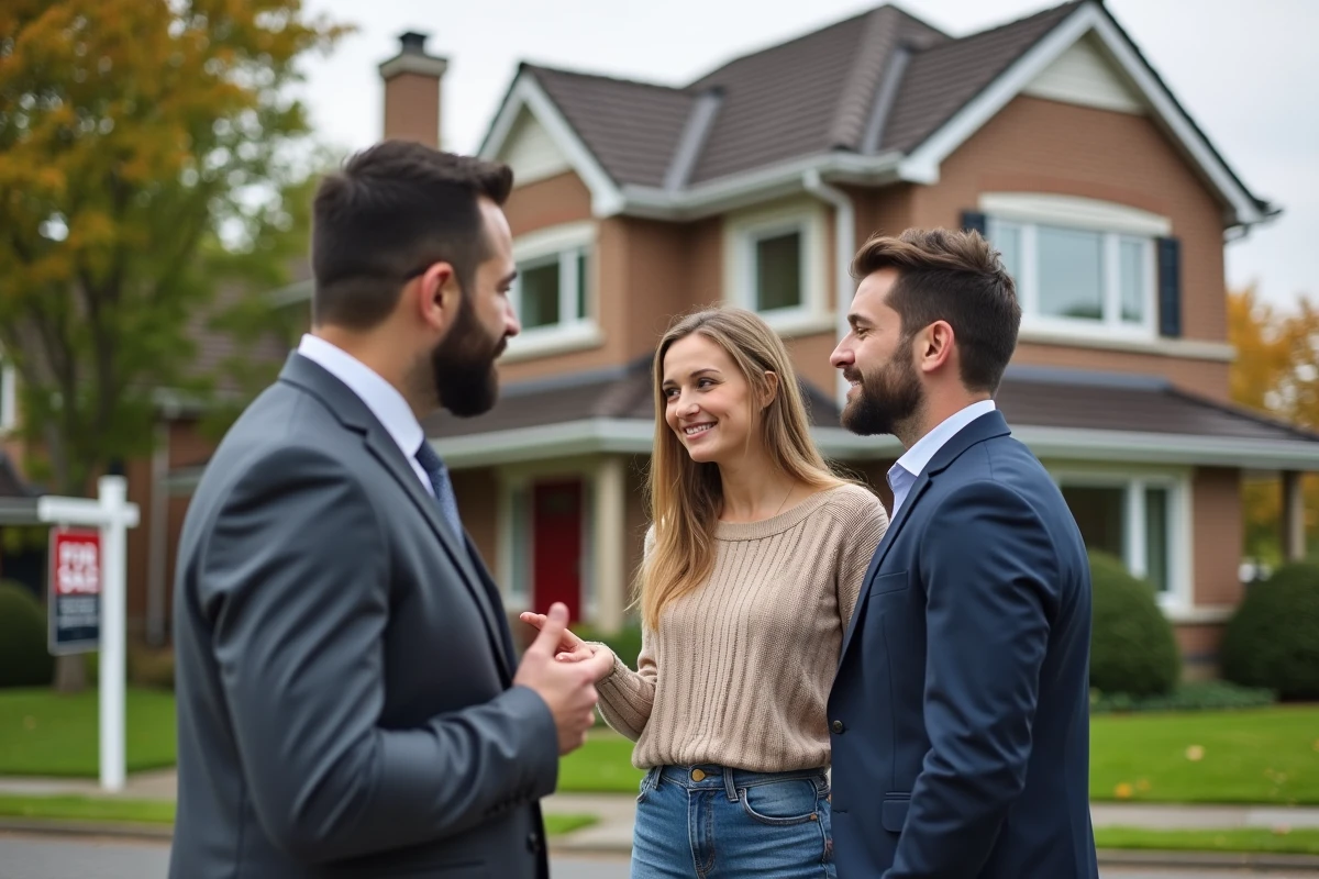 Jeune couple devant maison avec agent immobilier