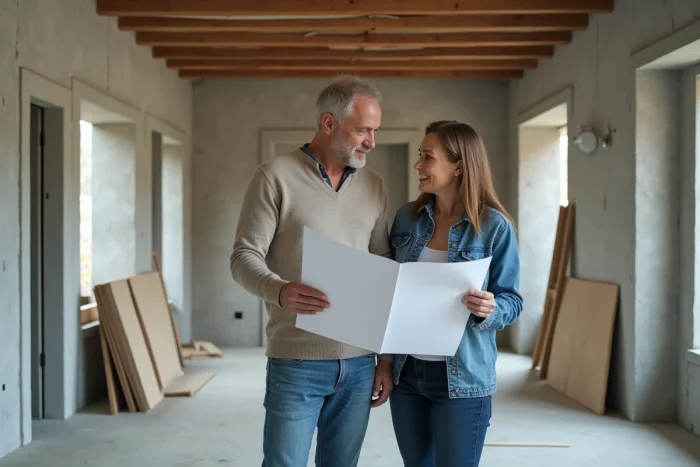 Couple visitant un appartement en rénovation pour évaluer leur premier investissement immobilier