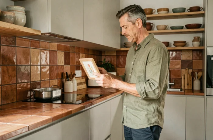 Homme contemplant une œuvre d'art dans une cuisine mêlant carrelage terracotta vintage et étagères en bois avec poteries artisanales