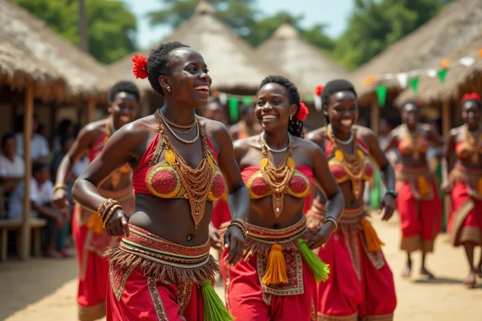 Danseurs malgaches en costumes traditionnels colorés lors d'un festival culturel en plein air à Madagascar