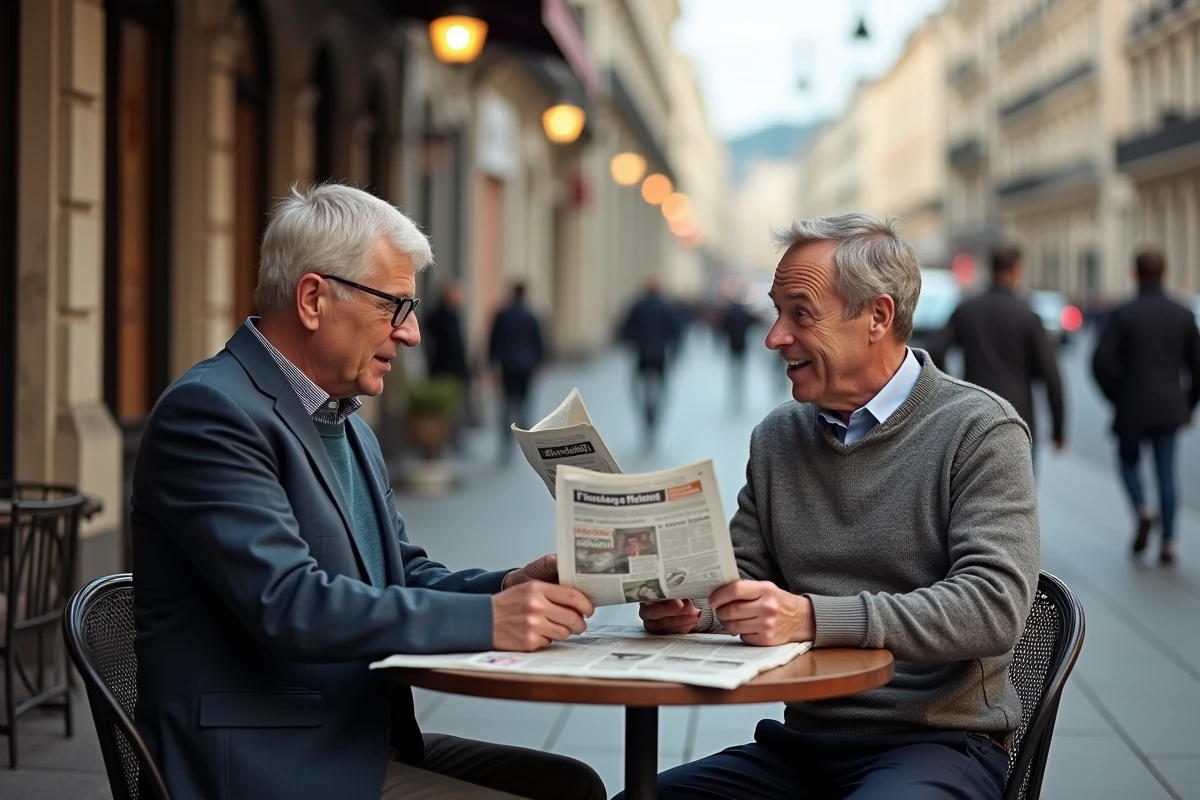 Deux hommes discutant dans un café en ville