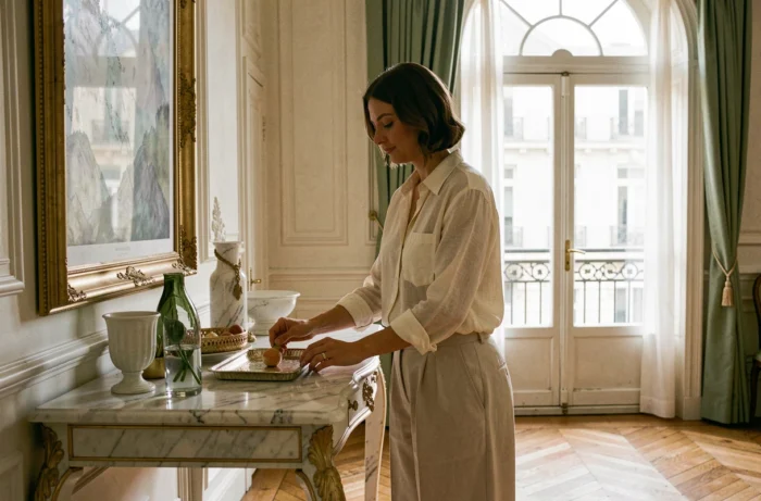 Femme élégante décorant une console en marbre dans un appartement haussmannien rénové avec style