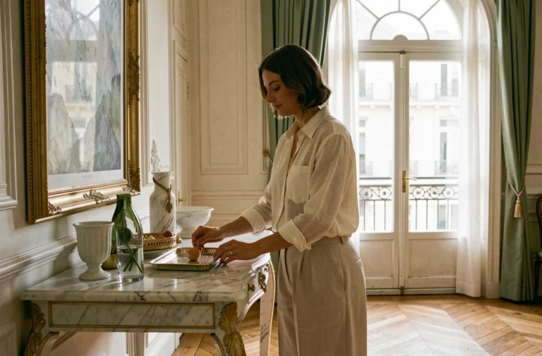 Femme élégante décorant une console en marbre dans un appartement haussmannien rénové avec style