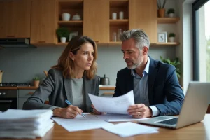 Couple discutant de documents dans une cuisine moderne