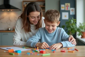 Jeune garçon avec sa mère créant un bricolage en cuisine