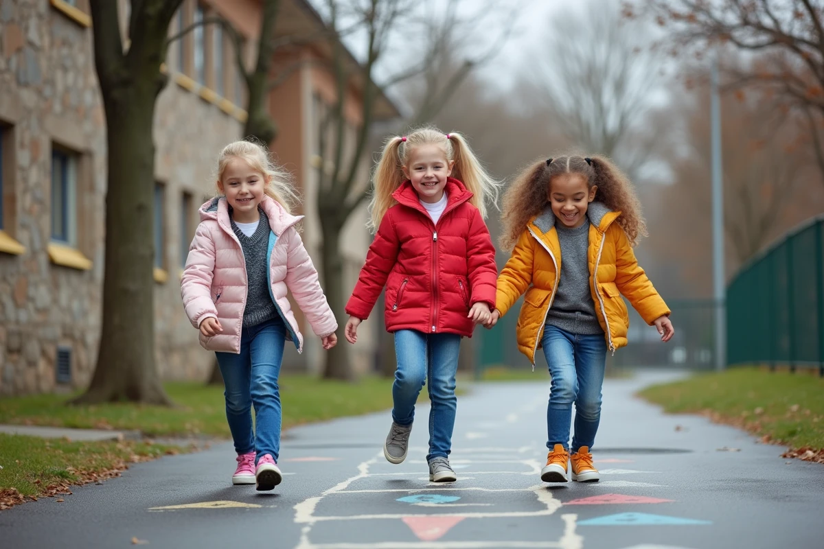 Trois filles jouant à la marelle dans la cour d