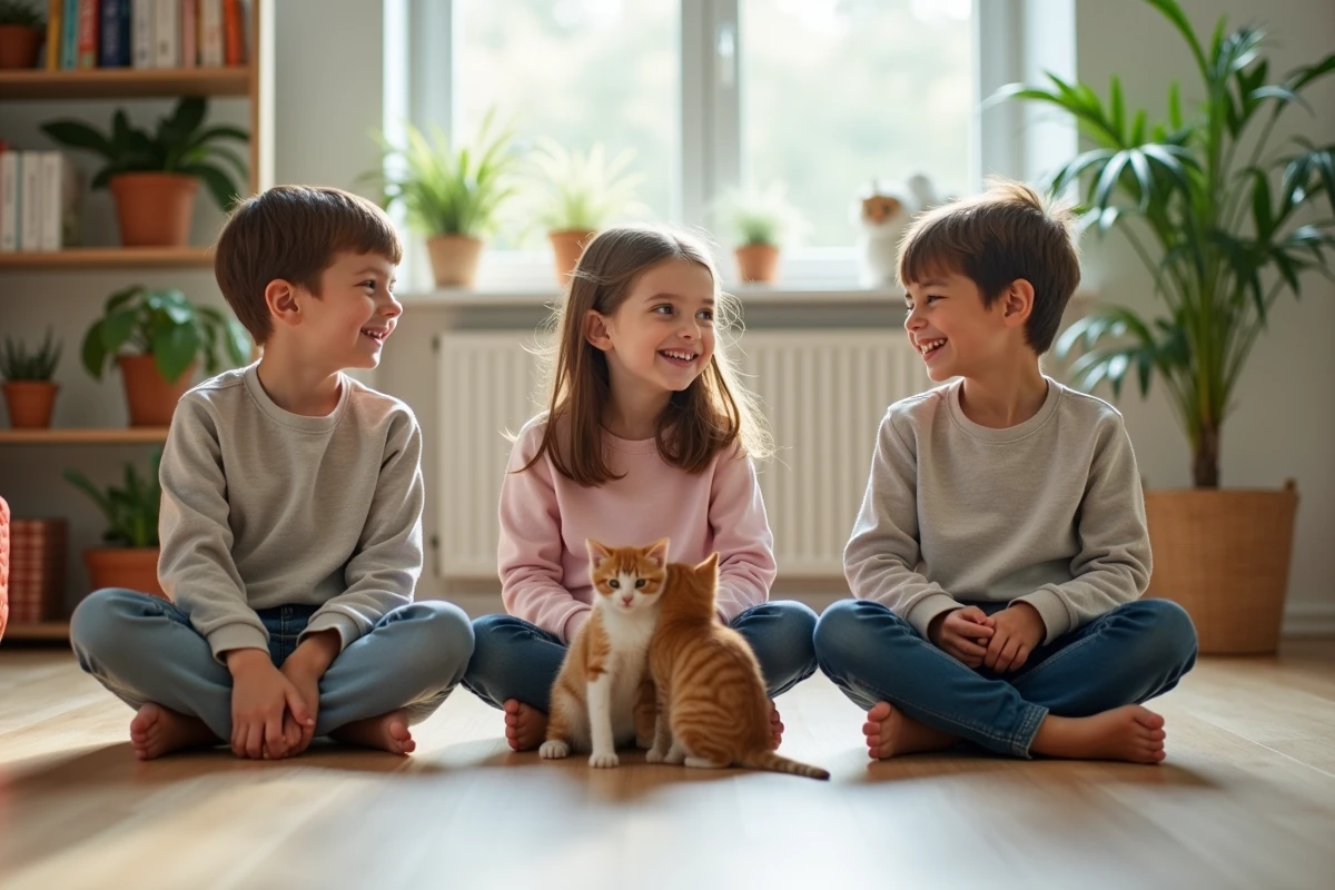 Enfants jouant avec des chatons dans un salon lumineux