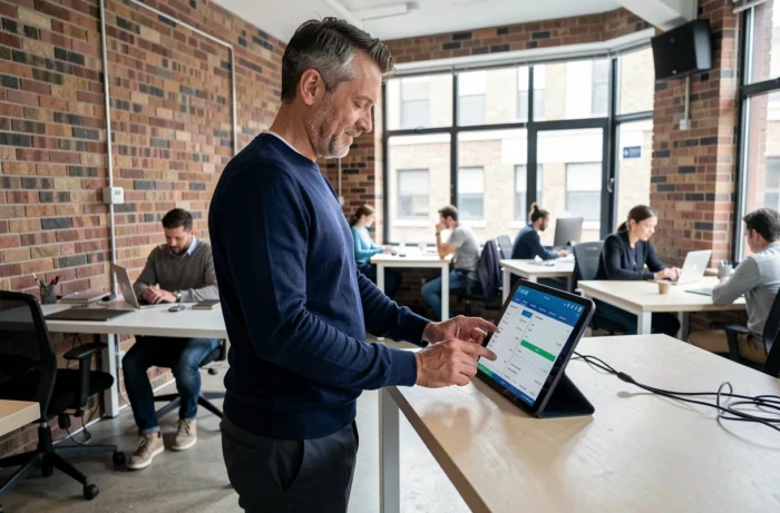 Entrepreneur masculin gérant son entreprise en ligne via une tablette dans un espace de coworking moderne