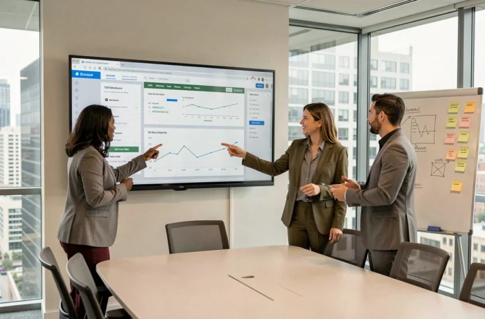 Équipe de professionnels du numérique collaborant autour d'un écran tactile affichant des tendances web et des performances SEO