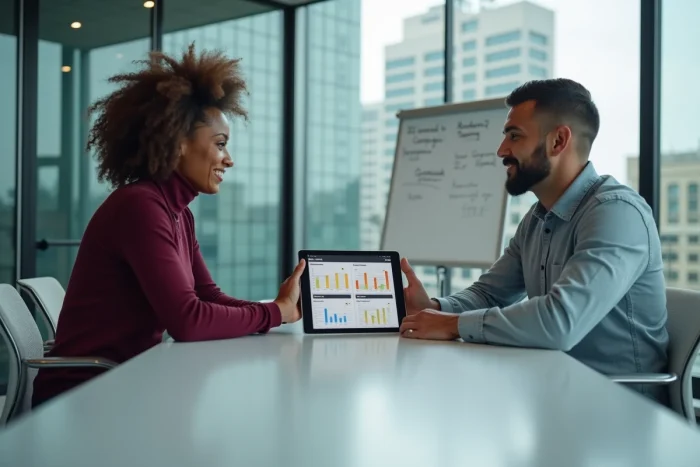 Équipe marketing digitale collaborant sur une analyse de référencement naturel avec un rapport SEO sur tablette en salle de réunion