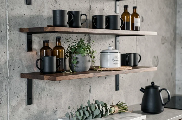 Étagères de cuisine ouvertes en fer noir sur mur en béton brut avec céramiques mates, bouteilles en verre ambré et herbes aromatiques pour une déco tendance et originale