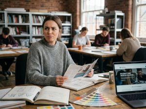 Étudiante en design graphique analysant une brochure de school dans un studio universitaire, entourée de portfolios et de fiches couleur