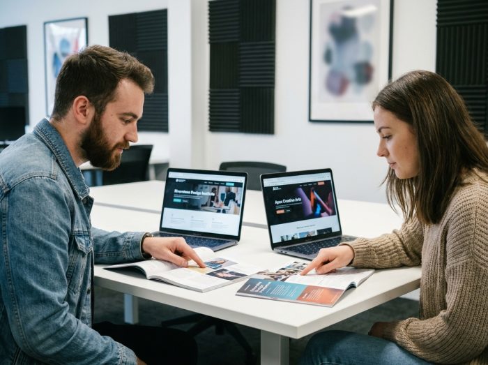 Deux étudiants comparant des prospectus d'écoles de design graphique sur un bureau partagé dans un espace campus moderne