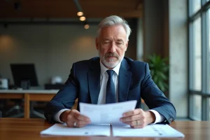 Homme d'affaires en costume bleu dans un bureau moderne