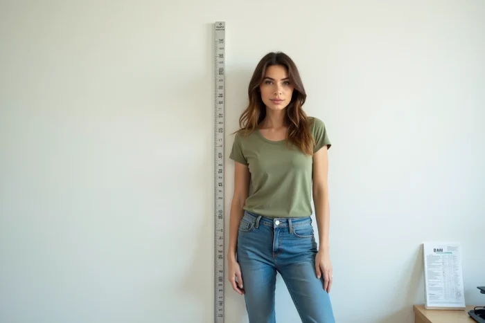 Femme de 1m65 dans un cabinet de santé illustrant le calcul du poids idéal féminin