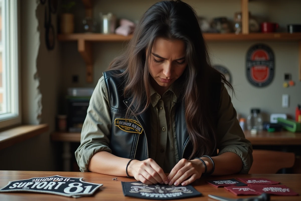 Femme cousant un patch Support 81 sur sa veste en intérieur