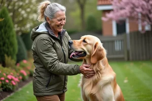 Femme souriante brossant son golden retriever dans un jardin