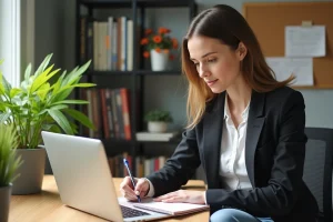 Femme en blazer dans un bureau lumineux pour article sur productivite