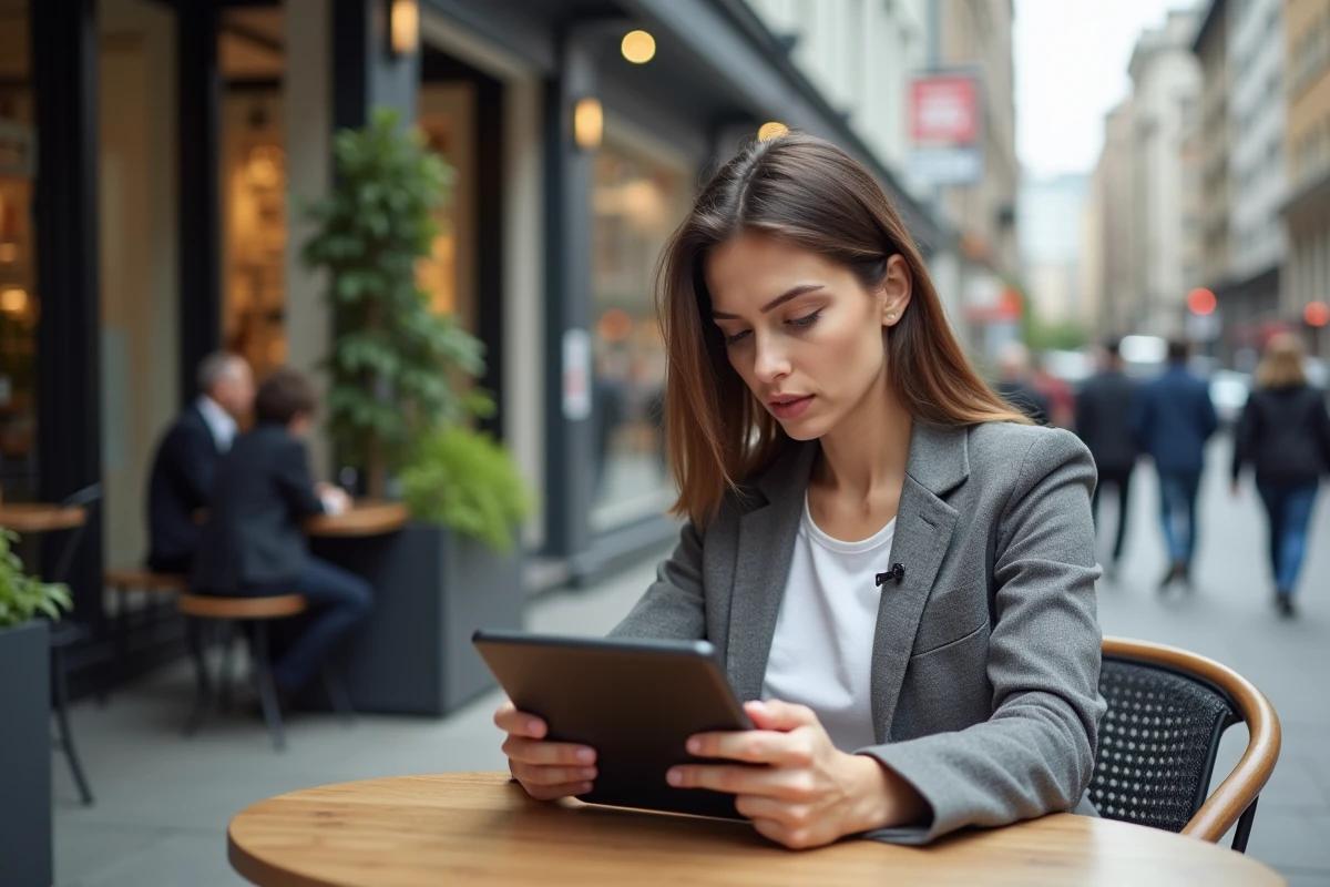 Jeune femme lisant actualités sur tablette en terrasse