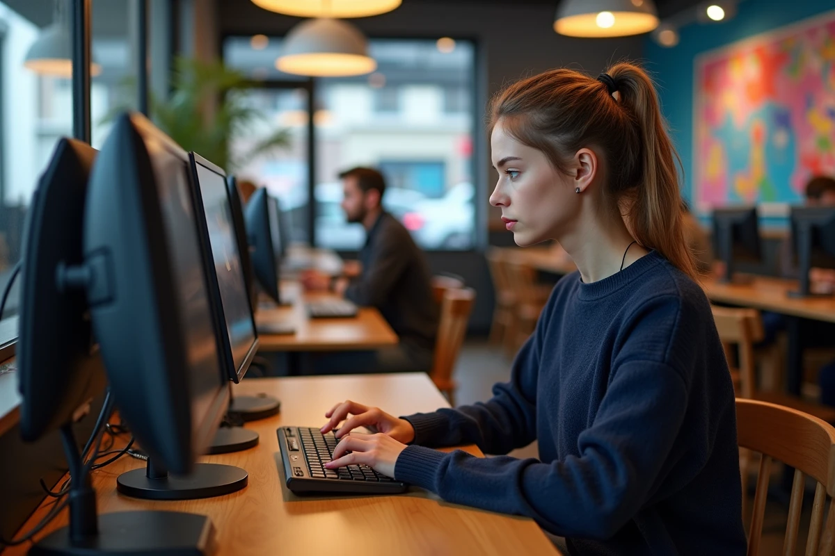 Jeune femme dans un café internet recherchant des listes de serveurs eMule