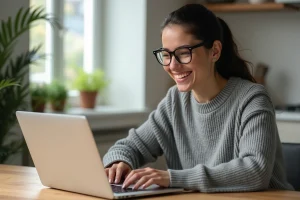 Jeune femme avec ordinateur et captcha dans la cuisine