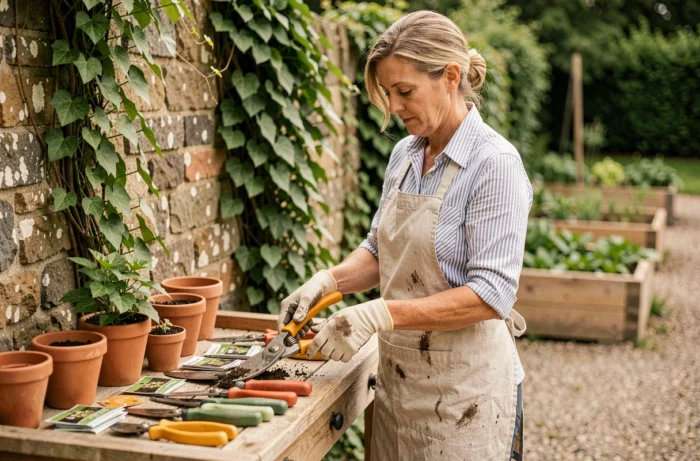 Femme choisissant des outils de jardinage sur un établi en bois dans un jardin avec mur en pierre