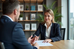 Femme d'âge moyen consulte documents avec agent immobilier
