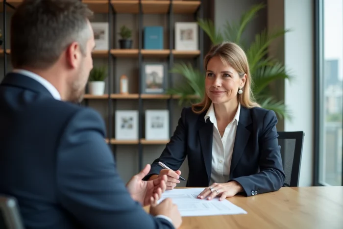Femme d'âge moyen consulte documents avec agent immobilier