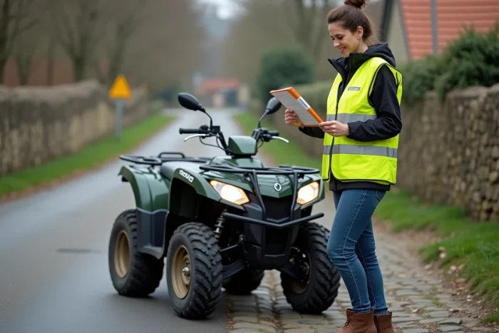 Femme consultant les documents d'enregistrement d'un quad T3B au bord d'une route de village en France