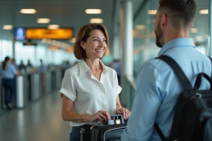 Femme souriante à la douane d'aéroport avec bagage parfum