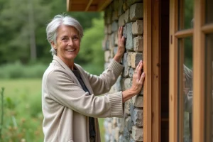 Femme devant sa maison en bois écologique et jardin