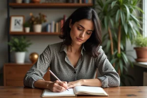 Femme française écrivant des paroles dans un intérieur chaleureux